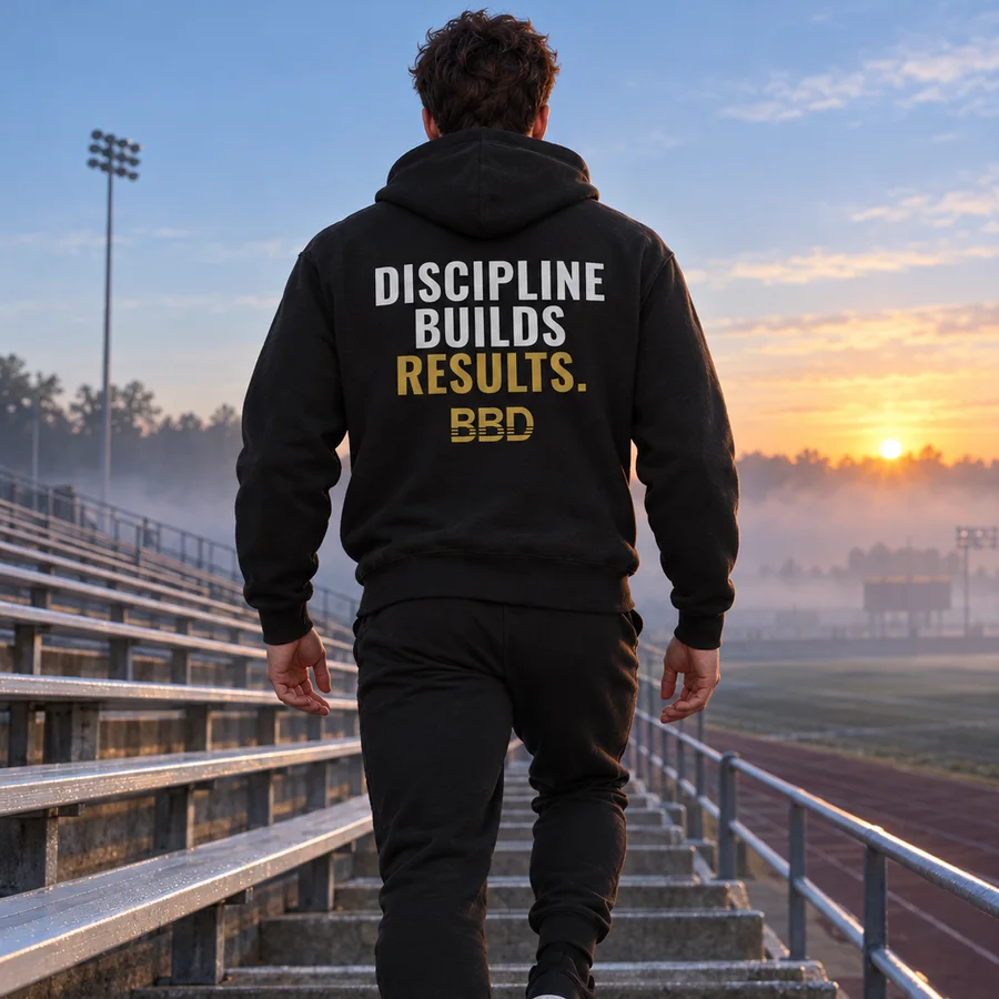 Athlete climbing stadium stairs at dawn in the BBD Discipline Hoodie, back print showing